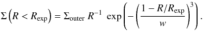 \begin{equation} \label{eq:shape} \Sigma\left(R < R_{\rm exp}\right) = \Sigma_{\rm outer}~R^{-1}~\exp\left(-\left(\frac{1-R/R_{\rm exp}}{w}\right)^3\right). \end{equation}