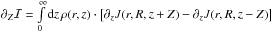 \hbox{$\partial_Z\mathcal{I}=\int\limits_{0}^{\infty} \ud{z}\, \rho(r,z)\cdot\sq{\partial_zJ(r,R,z+Z)-\partial_zJ(r,R,z-Z)}$}