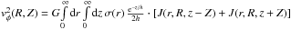 \hbox{$ v^2_{\phi}(R,Z)=G\! \int\limits_{0}^{\infty} \ud{r} \int\limits_{0}^{\infty} \ud{z}\, \sigma(r)\,\frac{\exp{-z/h}}{2h}\cdot\sq{J(r,R,z-Z)+J(r,R,z+Z)}$}