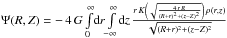 \hbox{$\Psi(R,Z)=-\,4\,G \int\limits_{0}^{\infty}\!\ud{r}\!\int\limits_{-\infty}^{\infty}\!\ud{z}\, \frac{r\,K\br{\sqrt{\frac{4\,r\,R}{(R+r)^2+(z-Z)^2}}}\,\rho(r,z)}{\sqrt{(R+r)^2+(z-Z)^2}}$}
