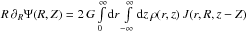 \hbox{$ R\,\partial_R\Psi(R,Z)=2\,G \int\limits_{0}^{\infty}\ud{r}\int\limits_{-\infty}^{\infty}\ud{z} \,\rho(r,z)\,J(r,R,z-Z)$}