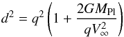 \begin{equation} d^{2}=q^{2}\left(1+\frac{2GM_{\rm Pl}}{qV_{\infty}^2}\right) \label{eq_d} \end{equation}