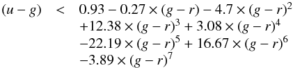 $$ \begin{array}{lll} (u-g) & < & 0.93-0.27\times (g-r)-4.7\times(g-r)^2\\ & & +12.38\times(g-r)^3+3.08\times(g-r)^4\\ & & -22.19\times(g-r)^5+16.67\times(g-r)^6\\ & & -3.89\times(g-r)^7\nonumber \end{array} $$