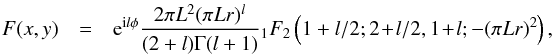 \begin{eqnarray} \label{Eq8bis} F(x,y) &=& {\rm e}^{{\rm i} l \phi} \frac{2 \pi L^2 (\pi L r)^{l}}{(2+l) \Gamma(l+1)} {}_{1}F_{2}\left(1+l/2 ; 2\!+\!l/2, 1\!+\!l ; - (\pi L r)^{2}\right), \end{eqnarray}