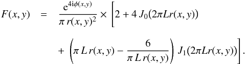\begin{eqnarray} \label{Eq8} F(x,y) &=& \frac{{\rm e}^{4 {\rm i} \phi(x,y)}}{\pi \, r(x,y)^2} \times \, \Bigg[ 2 + 4 \, J_{0}\big(2\pi L r(x,y)\big) \nonumber \\[2mm] &&+\,\left. \left(\pi \, L \, r(x,y)-\frac{6}{\pi \, L \, r(x,y)}\right) \, J_{1}\big(2 \pi L r(x,y)\big)\right]. \end{eqnarray}