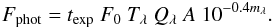 \begin{eqnarray} F_{\rm phot}=t_{\exp}~F_0~T_\lambda~Q_\lambda~A~10^{-0.4 m_\lambda}. \label{eq:flux} \end{eqnarray}