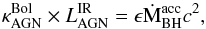 \begin{equation} \kappa^{\rm Bol}_{\rm AGN} \times L^{\rm IR}_{\rm AGN}=\epsilon \dot{\rm M}_{\rm BH}^{\rm acc} c^{2}, \label{eq:mdot} \end{equation}