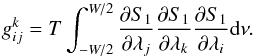 \appendix \setcounter{section}{2} \begin{equation} g_{ij}^{k} = T \int_{-W/2}^{W/2} \frac{{\partial} S_{1}}{\partial {\lambda_j}}\frac{{\partial} S_{1}}{\partial {\lambda_k}} \frac{{\partial} S_{1}}{\partial {\lambda_i}} {\rm d}\nu . \end{equation}
