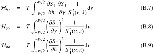 \appendix \setcounter{section}{2} \begin{eqnarray} {\cal H}_{h \gamma}&=&T \int_{-W/2}^{W/2} \frac{{\partial} S_{1}}{\partial {h}} \frac{{\partial} S_{1}}{\partial {\gamma}} \frac{1}{S_{1}^2(\nu,\lambda)}{\rm d}\nu \\ {\cal H}_{\gamma \gamma}&=&T \int_{-W/2}^{W/2} \left( \frac{{\partial} S_{1}}{\partial {\gamma}}\right)^2 \frac{1}{S_{1}^2(\nu,\lambda)}{\rm d}\nu \\ {\cal H}_{h h}&=&T \int_{-W/2}^{W/2} \left( \frac{{\partial} S_{1}}{\partial {h}}\right)^2 \frac{1}{S_{1}^2(\nu,\lambda)}{\rm d}\nu \end{eqnarray}
