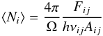 \begin{eqnarray} \langle N_i \rangle = \frac{4\pi}{\Omega} \frac{F_{ij}}{h \nu_{ij} A_{ij}} \end{eqnarray}