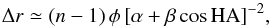 \begin{equation} \label{eq:fdrha} \Delta r \simeq (n-1)\,\phi\,[\alpha + \beta\,\mbox{cos}\,\mbox{HA}]^{-2}, \end{equation}