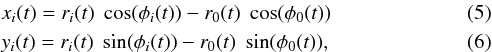 \begin{eqnarray} && x_{i}(t)=r_{i}(t)\hspace{0.1cm} \cos( \phi_{i}(t) ) - r_{0}(t)\hspace{0.1cm} \cos( \phi_{0}(t) ) \\ && y_{i}(t)=r_{i}(t)\hspace{0.1cm} \sin( \phi_{i}(t) ) - r_{0}(t)\hspace{0.1cm} \sin( \phi_{0}(t) ), \end{eqnarray}