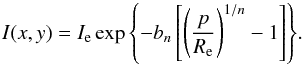 \begin{equation} I(x,y) = I_{\rm e} \exp{\left\{-b_{n}\left[\left(\frac{p}{R_{\rm e}}\right)^{1/n}-1\right]\right\}}. \end{equation}