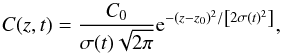 \begin{equation} C(z,t)=\frac{C_0}{\sigma(t)\sqrt{2\pi}}{\rm e}^{-(z-z_0)^2/\left[2\sigma(t)^2\right]}, \end{equation}