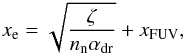 \begin{eqnarray} \label{eqn:ionisation} x_{\rm e} = \sqrt{\frac{\zeta}{n_{\rm n}\alpha_{\rm dr}}}+x_{\mathrm{FUV}}, \end{eqnarray}
