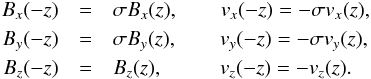 \begin{eqnarray} B_x(-z)&=&\sigma B_x(z), \qquad v_x(-z)=-\sigma v_x(z),\nonumber \\ B_y(-z)&=&\sigma B_y(z),\qquad v_y(-z)=-\sigma v_y(z),\nonumber \\ \label{eq:symmetries}B_z(-z)&=&B_z(z),\qquad\;\;\, v_z(-z)=-v_z(z). \end{eqnarray}
