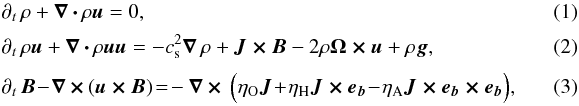 \begin{eqnarray} \label{eq:cont} &&\partial_t\,\rho+\vec{\nabla\,\cdot \, }\rho\vec{u} =0 ,\\[1mm] \label{eq:motion} &&\partial_t\,\rho\vec{u}+\vec{\nabla\,\cdot\,}\rho\vec{uu} = - c_{\rm s}^2\vec{\nabla}\,\rho+\vec{J \times B} -2\rho\vec{\Omega\times u}+\rho\vec{g} ,\\[1mm] \label{eq:induct} &&\partial_t\,\vec{B}\!-\!\vec{\nabla\,\times\,}(\vec{u\times B}) \!=\!-\vec{\nabla\,\times\,}\Big( \eta_{\rm O}\vec{J}\!+\!\eta_{\rm H}\vec{J\times {\vec e}_b}\!-\!\eta_{\rm A}\vec{J\times {\vec e}_b\times {\vec e}_b}\Big),\quad\quad\quad \end{eqnarray}