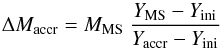 \begin{equation} \Delta M_{\rm accr}=M_{\rm MS} \ \frac{Y_{\rm MS}-Y_{\rm ini}}{Y_{\rm accr}-Y_{\rm ini}} \label{eqY} \end{equation}