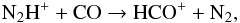 \begin{eqnarray} {\mathrm{N}}_2{\mathrm{H}}^+ + \mathrm{CO} \rightarrow \mathrm{HCO}^+ + \mathrm{N}_2,&& \label{reaction_n2h_destruction} \end{eqnarray}