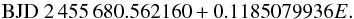 \begin{equation} \mathrm{BJD} \ 2\,455\,680.562160+0.1185079936E. \end{equation}