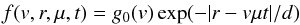 \appendix \setcounter{section}{2} \begin{eqnarray} f(v,r,\mu,t) = g_0(v)\exp(-|r-v\mu t|/d) \end{eqnarray}