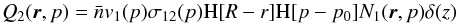 \begin{equation} Q_2(\vec{r},p)=\bar{n} v_1(p)\sigma_{12}(p){\rm H}[R-r]{\rm H}[p-p_0]N_1(\vec{r},p) \delta(z) \end{equation}
