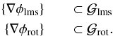 \begin{eqnarray} \{ \nabla \phi_{\rm lms} \} && \subset \mathcal{G}_{\rm lms} \nonumber \\ \{ \nabla \phi_{\rm rot} \} && \subset \mathcal{G}_{\rm rot}. \end{eqnarray}