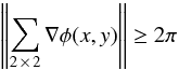 \begin{equation} \label{eq: experimental circulation} \left\| \sum_{2\,\times\,2} \nabla \phi(x,y) \right\| \geq 2 \pi \end{equation}