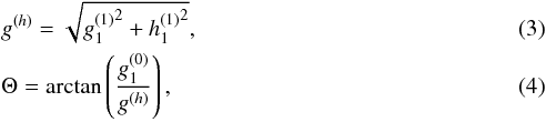 \begin{eqnarray} \label{amp}&&g^{(h)} = \sqrt{ {g_{1}^{(1)}}^2+{h_{1}^{(1)}}^2}, \\ \label{tilt}&&\Theta = \arctan\left(\frac{g_{1}^{(0)}}{g^{(h)}} \right), \end{eqnarray}