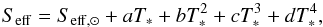 \begin{equation} S_{\rm eff} = S_{\rm eff, \sun} + a T_* + b T_*^2 + c T_*^3 + d T_*^4 , \label{eq:seff} \end{equation}