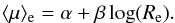 \begin{eqnarray} \langle\mu\rangle_{\rm e} = \alpha + \beta \log (R_{\rm e}). \end{eqnarray}