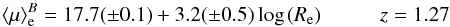 \begin{eqnarray} \langle\mu\rangle_{\rm e}^B=17.7(\pm0.1)+3.2(\pm0.5) \log\,(R_{\rm e})\hskip 1truecm z=1.27 \end{eqnarray}