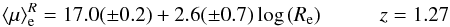 \begin{eqnarray} \langle\mu\rangle_{\rm e}^R=17.0(\pm0.2)+2.6(\pm0.7) \log\,(R_{\rm e})\hskip 1truecm z=1.27 \end{eqnarray}