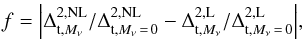 \begin{eqnarray} f = \Big | \Delta_{{\rm t}, M_{\nu}}^{\rm 2, NL} / \Delta_{{\rm t}, M_{\nu}\,=\,0}^{\rm 2, NL} - \Delta_{{\rm t}, M_{\nu}}^{\rm 2, L} / \Delta_{{\rm t}, M_{\nu}\,=\,0}^{\rm 2, L} \Big |, \end{eqnarray}