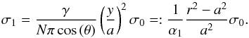 \appendix \setcounter{section}{1} \begin{equation} \sigma_{1}=\frac{\gamma}{N \pi \cos{(\theta)}}\left( \frac{y}{a} \right) ^{2} \sigma_{0} =:\frac{1}{\alpha_{1}}\frac{r^{2}-a^{2}}{a^{2}}\sigma_{0} . \label{sigmapac} \end{equation}