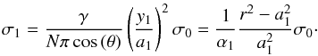 \appendix \setcounter{section}{1} \begin{equation} \sigma_{1}=\frac{\gamma}{N\pi\cos{(\theta)}}\left( \frac{y_{1}}{a_{1}} \right) ^{2} \sigma_{0}= \frac{1}{\alpha_{1}}\frac{r^{2}-a_{1}^{2}}{a_{1}^{2}}\sigma_{0}\cdot \label{sigmapac2} \end{equation}
