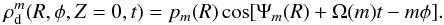\begin{equation} \rho_{\rm d}^m(R,\phi,Z=0,t)= p_m(R) \cos[ \Psi_m(R) + \Omega(m) t - m\phi ]. \label{rhodmr} \end{equation}