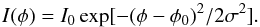 \begin{equation} \label{formula} {I}(\phi)={I}_0\exp[-(\phi-\phi_0)^2/2\sigma^2]. \end{equation}