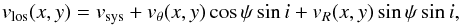 \begin{equation} v_{\rm los} (x,y) = v_{\rm sys} + v_\theta (x,y) \cos\psi\sin i + v_R (x,y) \sin\psi\sin i, \label{eq-1} \end{equation}