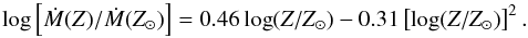 \begin{equation} \label{zetrov} \log \hzav{\dot M(Z)/\dot M(Z_\odot)}=0.46 \log( Z/Z_\odot)-0.31\hzav{\log( Z/Z_\odot)}^2. \end{equation}