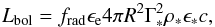 \begin{equation} L_\mathrm{bol} = f_\mathrm{rad} \epsilon_\mathrm{e} 4\pi R^2 \Gamma_*^2 \rho_* \epsilon_* c , \end{equation}