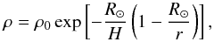 \begin{equation} \rho = \rho_0 \exp\left[-\frac{R_\odot}{H}\left(1-\frac{R_\odot}{r}\right)\right], \label{eq:density} \end{equation}