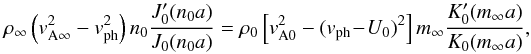 \appendix \setcounter{section}{1} \begin{equation} \rhoinf \left(\vainf^2 - \vph^2\right) n_0 \frac{J_0'(n_0 a)}{J_0(n_0 a)} = \rho_0 \left[\vain^2 - (\vph\! -\! U_0)^2\right] m_\infty \frac{K_0'(m_\infty a)}{K_0(m_\infty a)} , \label{eq_vali_cyl_flow_disp} \end{equation}
