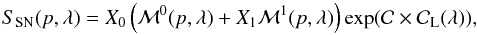 \begin{equation} \label{eq:13} S_{\rm SN}(p, \lambda) = \xzero \left(\mathcal{M}^0(p, \lambda) + \xun \mathcal{M}^1(p, \lambda)\right) \exp(\col \times \mathcal{C}_{\rm L}(\lambda)), \end{equation}