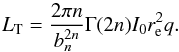 \begin{equation} L_{\rm T} = \frac{2\pi n}{b_n^{2n}} \Gamma(2n) I_0 r_{\rm e}^2q. \label{Eq15} \end{equation}