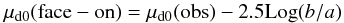 \begin{equation} \mu_{\rm d0}({\rm face-on}) = \mu_{\rm d0}({\rm obs}) -2.5 {\rm Log}(b/a) \label{Eq04} \end{equation}