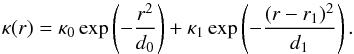 \begin{equation} \label{eq:sigma analytic 2} \invlam(r)=\invlam_0 \exp\left(-\frac{r^2}{d_0}\right)+\invlam_1 \exp\left(-\frac{(r-r_1)^2}{d_1}\right). \end{equation}