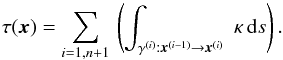 \begin{equation} \label{eqn: optical depth in MODA} \tau(\vec{x}) = \sum_{i=1,n+1} \, \left( \int_{\gamma^{(i)}: \vec{x}^{(i-1)} \rightarrow \vec{x}^{(i)}} \; \invlam \, {\rm d}s \right). \end{equation}