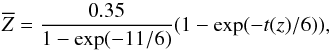 \begin{equation} \overline{Z} = \frac{0.35}{1-{\rm exp}(-11/6)}(1-{\rm exp}(-t(z)/6)), \end{equation}