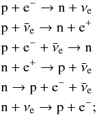 \begin{eqnarray} \label{eq:urca} &&\rm p + e^{-} \to n + \nu_{\rm e} \nonumber \\ &&\rm p + \bar\nu_{\rm e} \to n + e^{+} \nonumber \\ &&\rm p + e^{-} + \bar\nu_{e} \to n \nonumber \\ &&\rm n + e^{+} \to p + \bar\nu_{\rm e} \nonumber \\ &&\rm n \to p + e^{-} + \bar\nu_{\rm e} \nonumber \\ &&\rm n + \nu_{\rm e} \to p + e^{-}; \end{eqnarray}